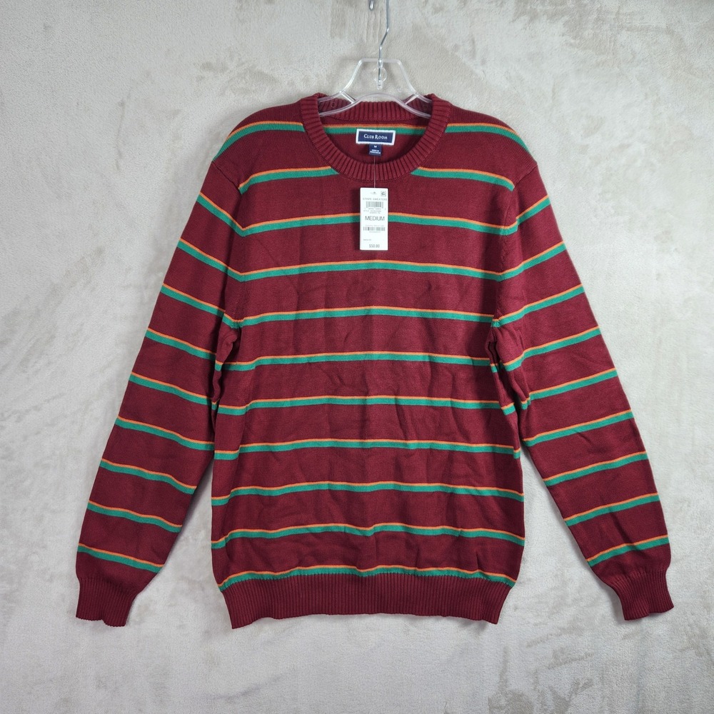 Club Room Stripe Sweater Mens Medium Cherry Pie Red Green Cotton Preppy Classic